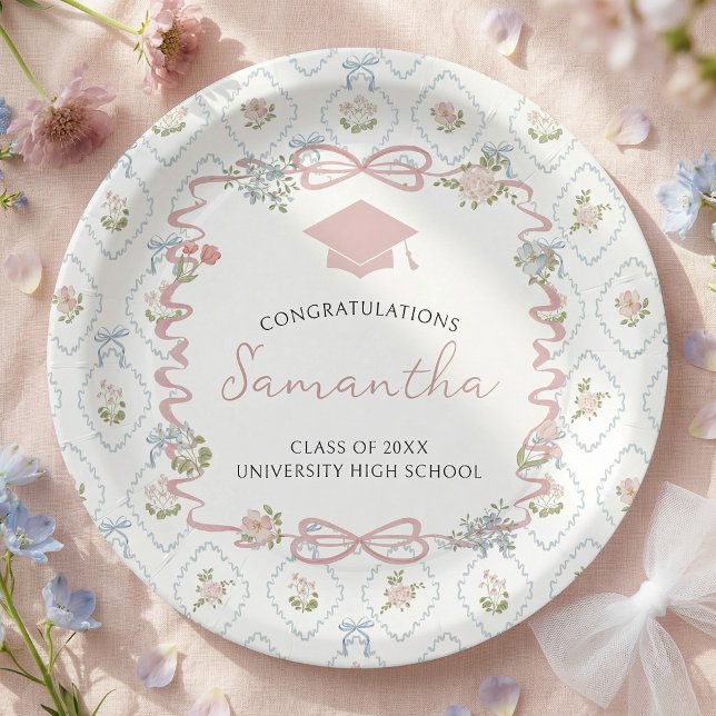 Wildflower Pink Bow Graduation Paper Plates (Creator Uploaded)