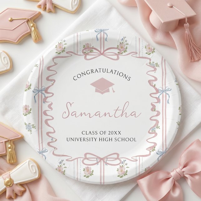 Wildflower Pink Bow Graduation Paper Plates (Creator Uploaded)