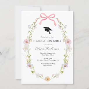 Wildflower Pink Bow Graduation Party Invitation
