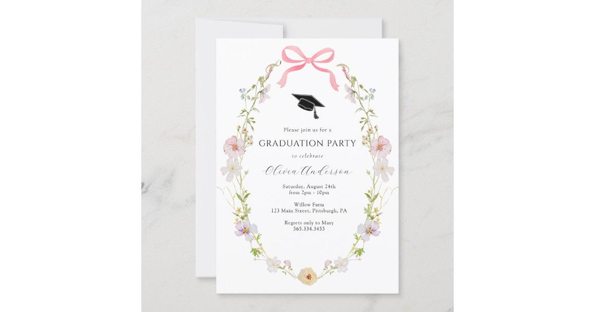 Wildflower Pink Bow Graduation Party Invitation