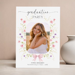 Wildflower Pink Bow Graduation Photo Invitation Postcard