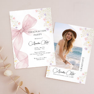 Wildflower Pink Bow Photo Graduation Invitation