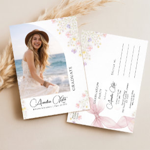Wildflower Pink Bow Photo Graduation Invitation Postcard