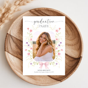 Wildflower Pink Bow Photo Graduation Invitation Postcard