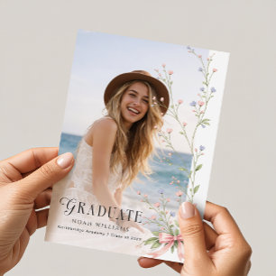 Wildflower Pink Bow Photo Graduation Invitation Postcard