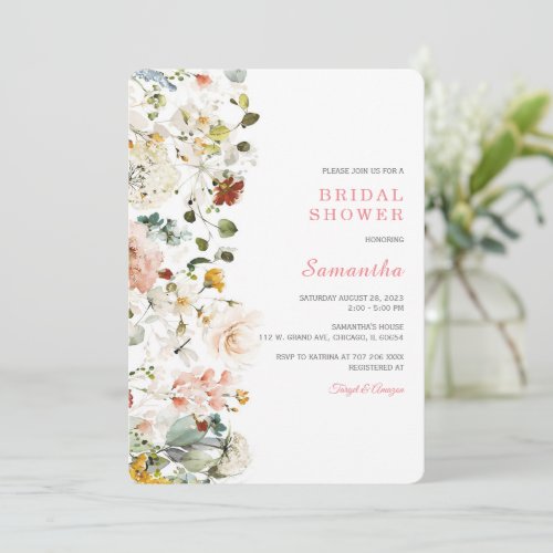 Wildflower Pink Bridal Shower  Party Invitation