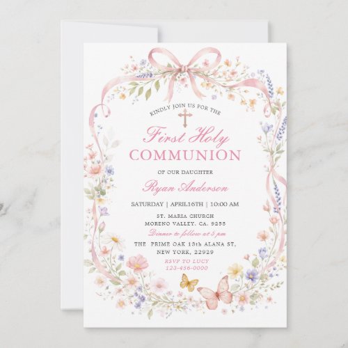 Wildflower Pink Butterfly First Holy Communion  Invitation