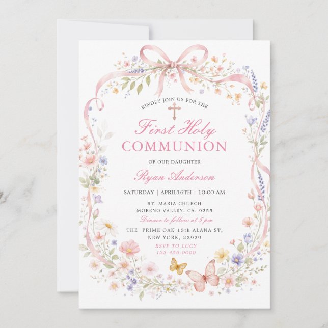 Wildflower Pink Butterfly First Holy Communion  Invitation (Front)