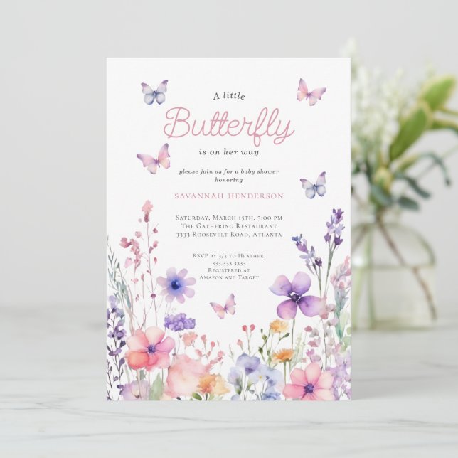 Wildflower Pink Butterfly Floral Baby Shower Invitation (Standing Front)