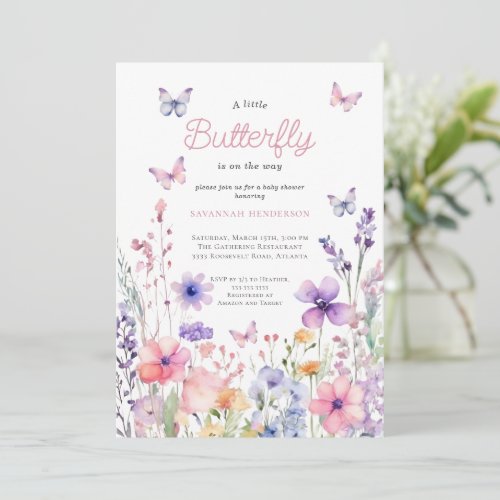 Wildflower Pink Butterfly Floral Baby Shower Invitation