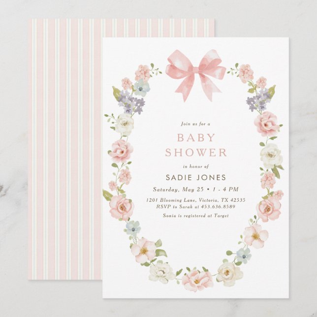 Wildflower Pink Floral Baby Girls Bow Baby Shower Invitation Zazzle
