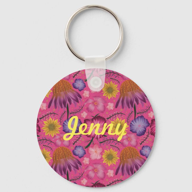 Wildflower Pink Floral Personalized Keychain (Front)