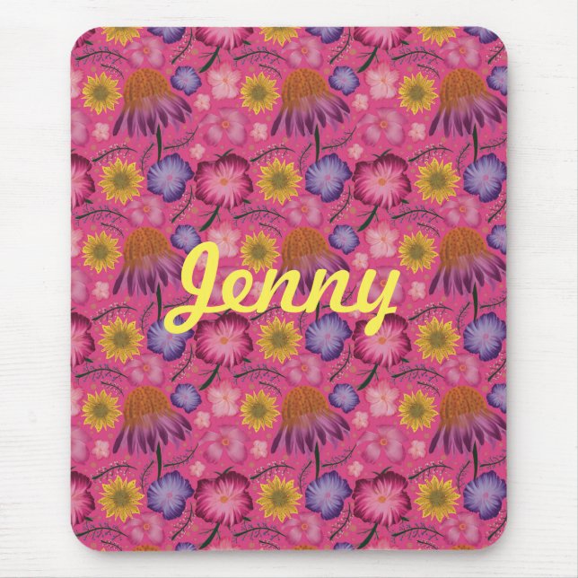 Wildflower Pink Floral Personalized Mouse Pad (Front)
