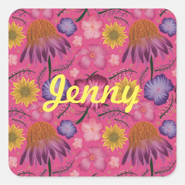 Wildflower Pink Floral Personalized Square Sticker (Front)