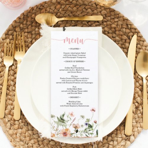 Wildflower Pink Floral Wedding Bridal Shower Menu