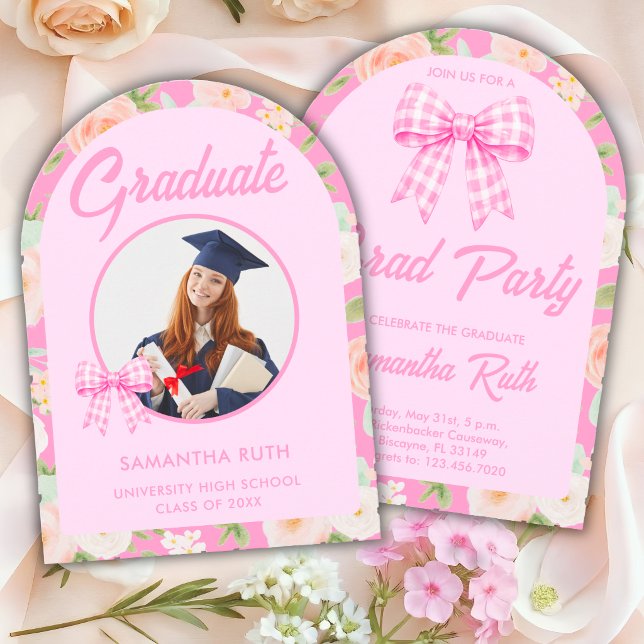 Wildflower Pink Gingham Bow Arch Photo Graduation Invitation (Creator Uploaded)