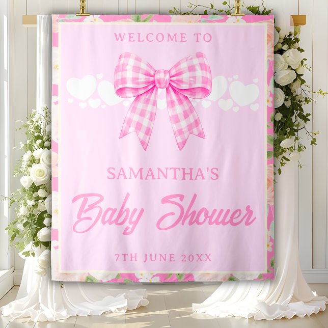 Wildflower Pink Gingham Bow Baby Shower Backdrop (Creator Uploaded)