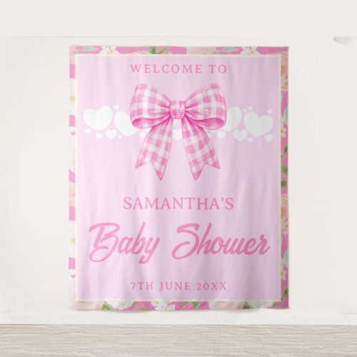 Wildflower Pink Gingham Bow Baby Shower Backdrop
