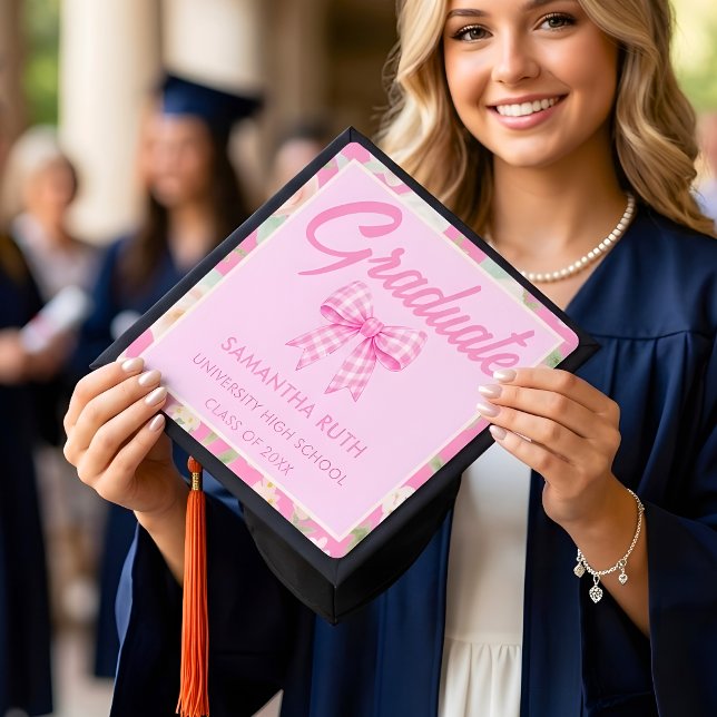 Wildflower Pink Gingham Bow Graduation Cap Topper (Creator Uploaded)