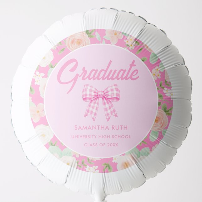 Wildflower Pink Gingham Bow Graduation Party Balloon (Front)
