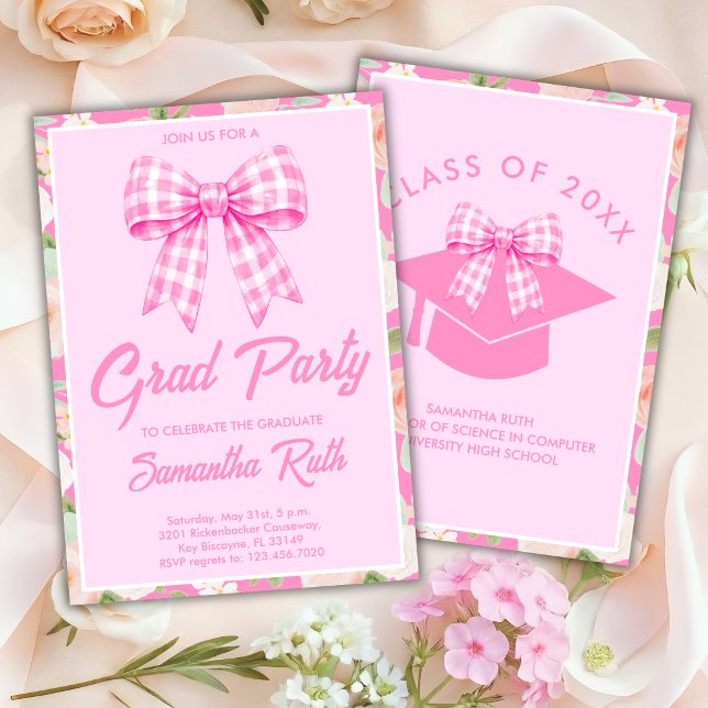 Wildflower Pink Gingham Bow Graduation Party Invitation (Creator Uploaded)