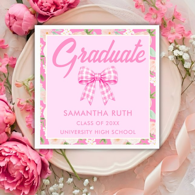 Wildflower Pink Gingham Bow Graduation Party Napkins (Creator Uploaded)