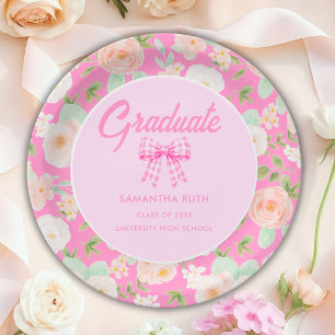 Wildflower Pink Gingham Bow Graduation Party Paper Plates