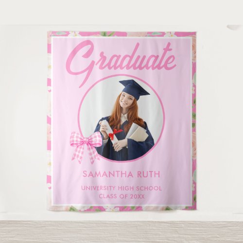 Wildflower Pink Gingham Bow Photo Grad Banner Tapestry