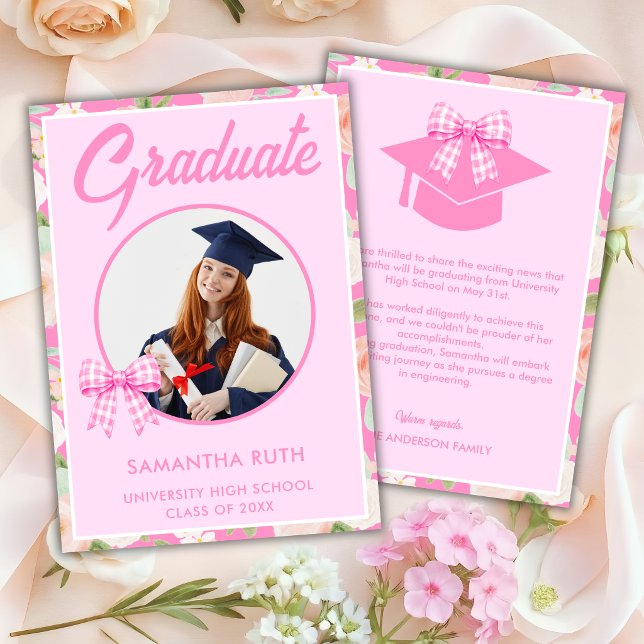 Wildflower Pink Gingham Bow Photo Graduation Announcement (Creator Uploaded)