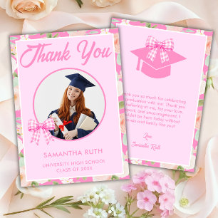 Wildflower Pink Gingham Bow Photo Graduation Thank You Card