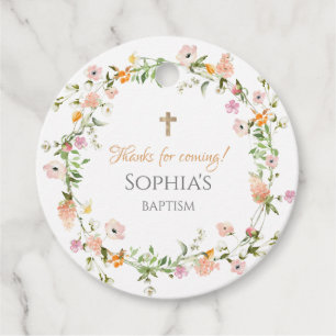 Wildflower Pink Gold Girl Baptism Favor Tags