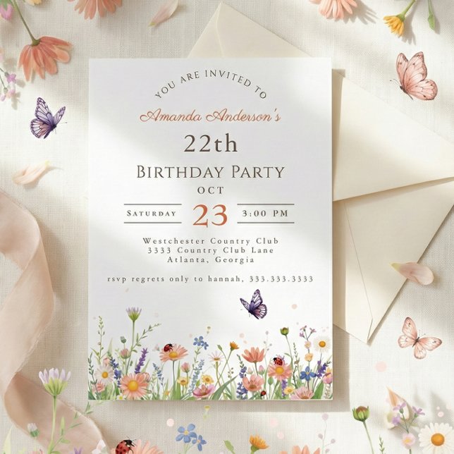 Wildflower Pink Purple Garden Party 22th Birthday Invitation (Creator Uploaded)