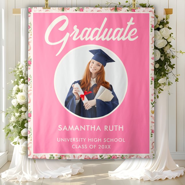 Wildflower Pink Striped Bows Graduation Backdrop (Creator Uploaded)