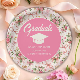 Wildflower Pink Striped Bows & Ribbons Graduation Paper Plates