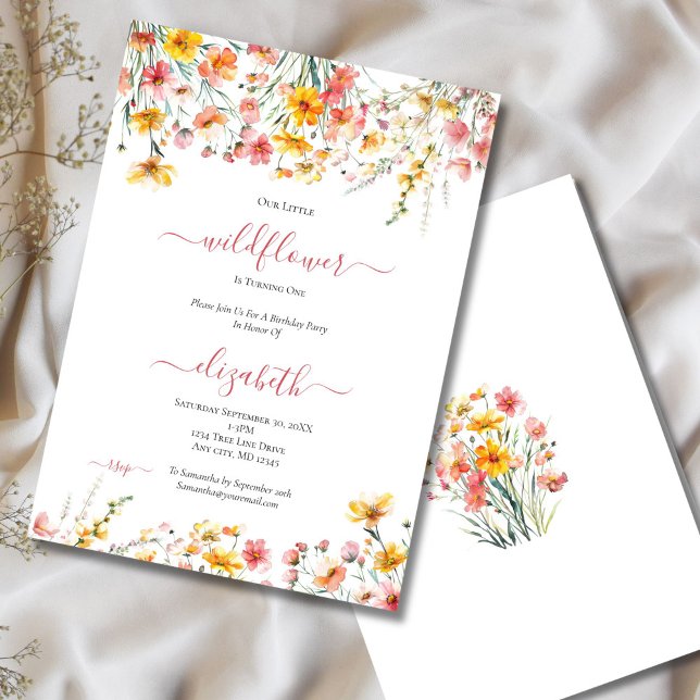 Wildflower Pink Yellow Floral Girls 1st Birthday Invitation (Pink Yellow wildflowers 1st Birthday party for baby girl invitation. Printed or Digital Download)