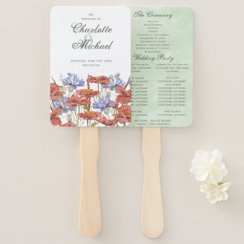 Wildflower poppies cornflower wedding program hand fan