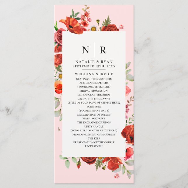 Wildflower Poppies Pink Monogram Wedding Program (Front)