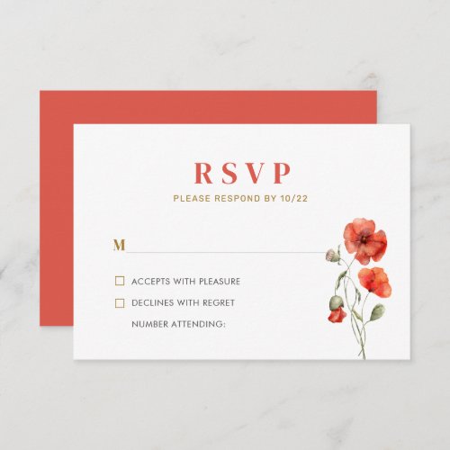 Wildflower Poppies Red Gold Simple Event Wedding RSVP Card
