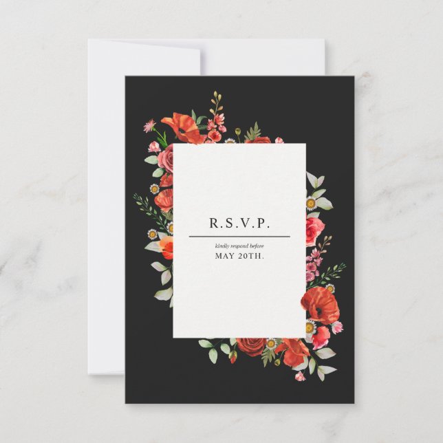 Wildflower Poppy Botanical Dark Wedding  RSVP Card (Front)