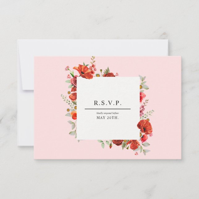 Wildflower Poppy Botanical Pink Wedding RSVP Card (Front)