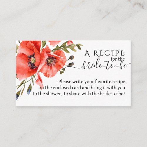 Wildflower poppy minimalist Bridal Shower recipe Enclosure Card