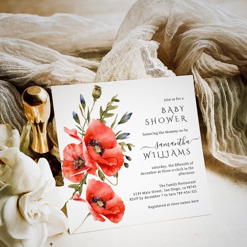 Wildflower poppy minimalist modern Baby Shower Invitation