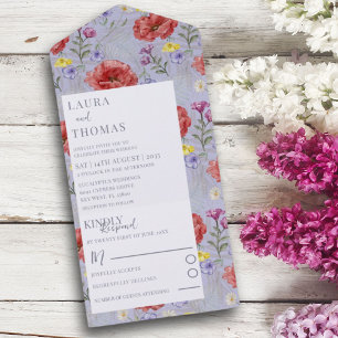 Wildflower Poppy Red & Purple Watercolor Wedding All In One Invitation