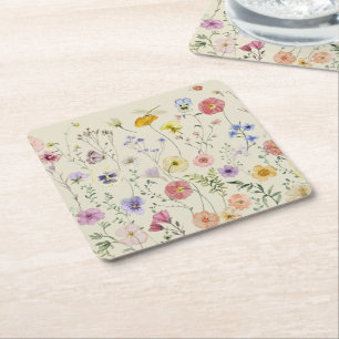 Wildflower Pressed Flowers Watercolor Floral Square Paper Coaster
