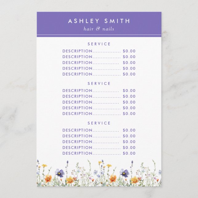 Wildflower Price Menu (Front)