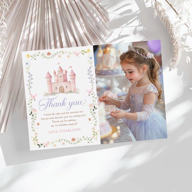 Wildflower Princess Castle 1st Birthday Photo Thank You Card (Creator Uploaded)