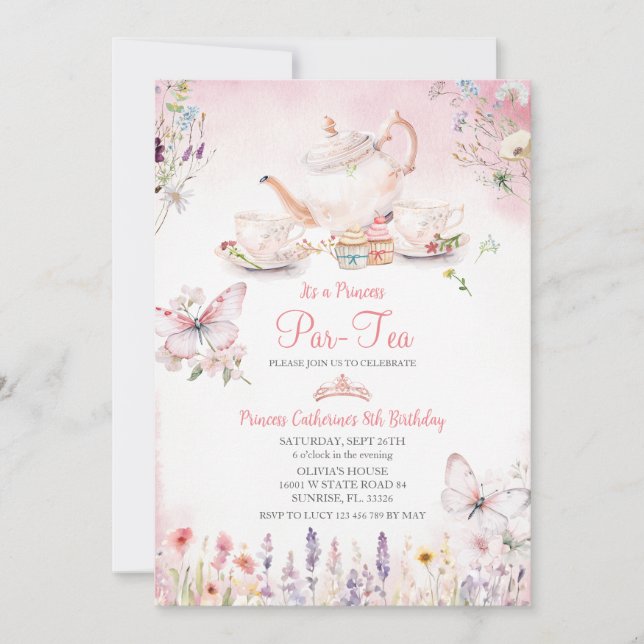 Wildflower Princess ParTea Pink Butterfly Birthday Invitation (Front)