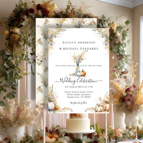 Wildflower Pumpkin Fall Foliage Floral Wedding Invitation