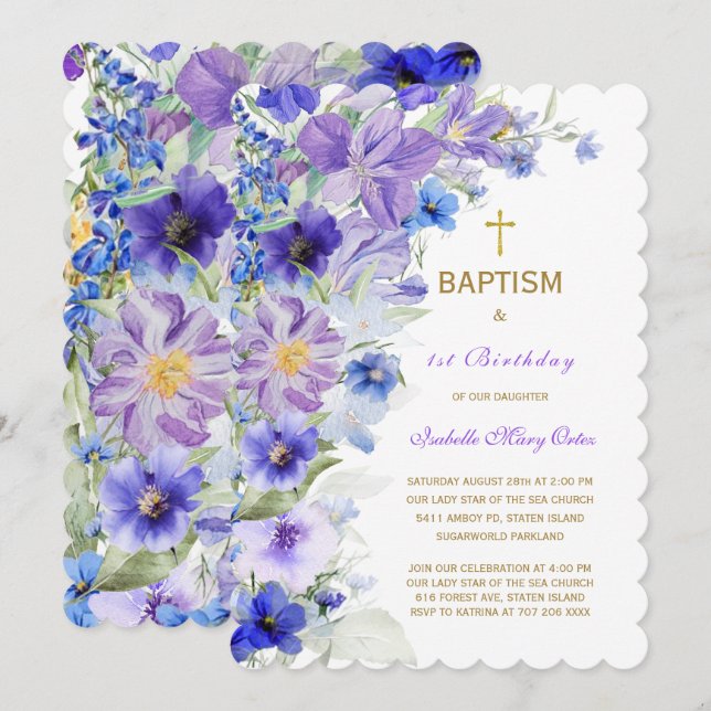  Wildflower Purple Baptism and  First Birthday Invitation (Front/Back)