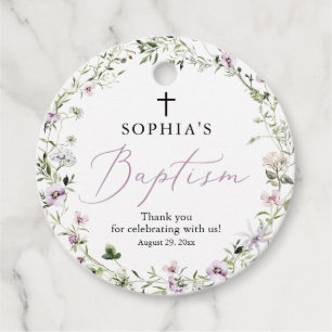 Wildflower Purple Baptism Round Favor Tags Girl